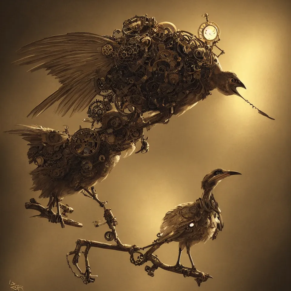 Image similar to a detailed concept art of a steampunk bird by miguel nogueira, dynamic lighting, cinematic, epic composition, masterpiece