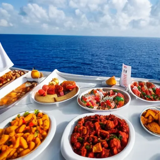 Prompt: satan filling plates of food from the buffet on a cruise liner