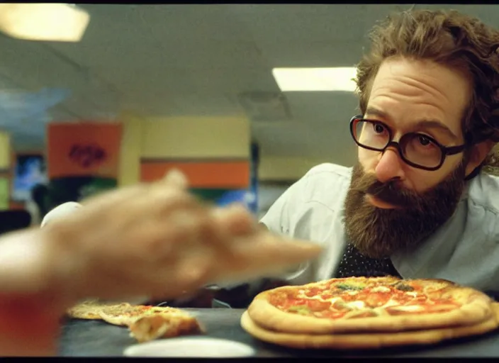 Image similar to cinematic detailed portrait of bearded charlie kaufman eating pizza at chuck - e - cheese, dramatic top down lighting, moody film still from being john malkovich ( 2 0 0 1 ), 3 5 mm kodak color stock, 2 4 mm lens, directed by spike jonze, ecktochrome