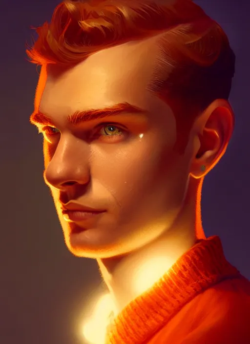 Image similar to portrait of archie andrews, freckles, curly middle part haircut, intricate, elegant, glowing lights, highly detailed, digital painting, artstation, concept art, smooth, sharp focus, illustration, art by wlop, mars ravelo and greg rutkowski