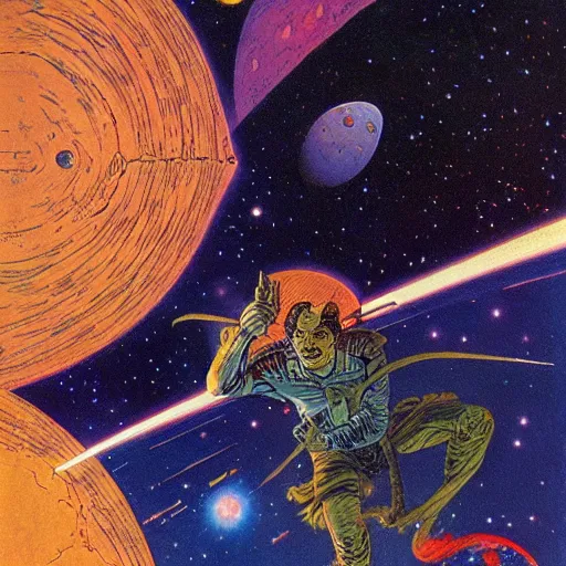 Prompt: Liminal space in outer space by Jean Giraud and a minor collaboration of Frank Frazetta