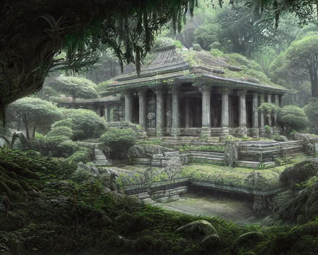 Prompt: detailed sci - fi concept art of a detailed ancient temple in an overgrown forest, depth of field, unreal engine, artstation, award - winning realistic sci - fi concept art by james gurney in the style of yoshitaka amano, in the style of james gurney.