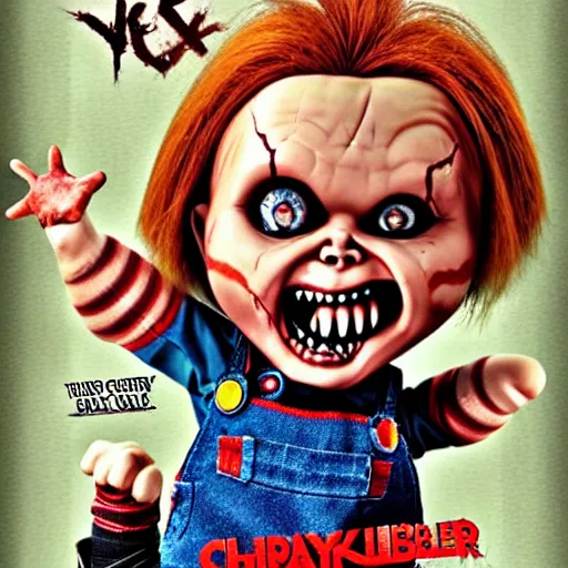 Prompt: Chucky the killer doll VS Zombies movie poster