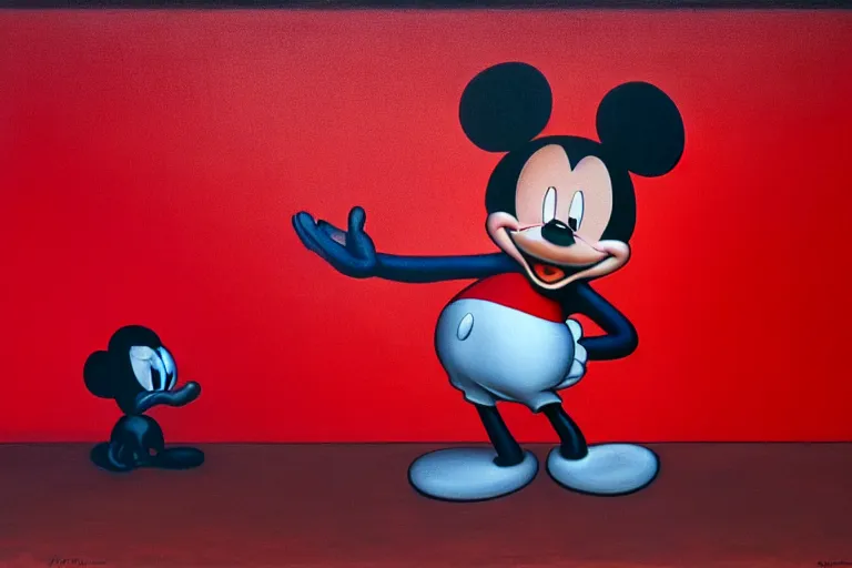 Prompt: only with red, red mickey mouse donald duck and goofy steal art paintings, in a museum contemporary art, in the style of beksinski, parts by edward hopper, parts by rodcenko, parts by yue minjun, intricate and epic composition, red by caravaggio, insanely quality, highly detailed, masterpiece, red light, artstation, 4 k