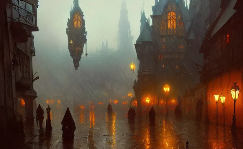 Image similar to an old medieval city with rainy atmosphere and moody and cinematic lighting by alphonse mucha, simon stalenhag and darek zabrocki, cinematic and atmospheric, concept art, artstation, trending on artstation