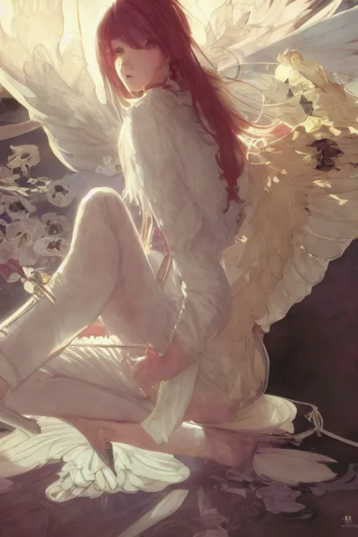 Image similar to a white haired girl with a guitar on her back sitting on the floor taking off her socks, 4 5 angel by krenz cushart and mucha and akihito yoshida and greg rutkowski, 4 k resolution