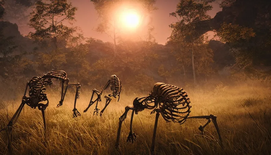 Image similar to hyper realistic highly detailed nature photography of skeleton zombies, prehistoric planet, volumetric lighting, octane render, 4 k resolution, golden hour