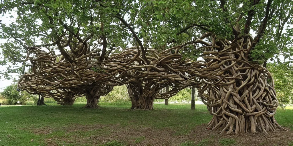 Prompt: Artwork by John Howe of Eight different trees twisted together to create a shelter underneath.