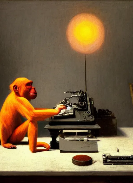 Image similar to medium shot, cinematic, cute realistic orange monkey is typing on the remingtone typewriter, enhancements, soft lighting, by john ward, by arthur walker, by vermeer, by monet, oil on canvas, royal academy, masterpiece, trending on artstation, cinematic composition, dramatic pose, beautiful lighting, sharp, details, hyper - detailed, hd