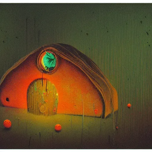 Prompt: ladybug house, illustration, zdzisław beksinski, dark cinematic atmosphere, nightmare