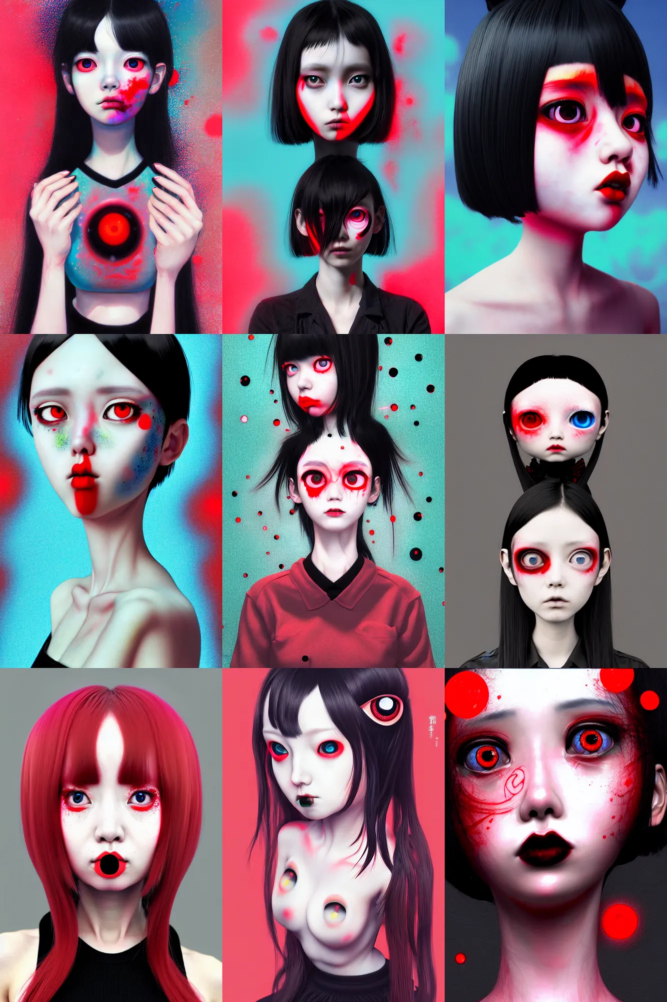 Prompt: a woman with red eyes and black hair, a computer rendering by hikari shimoda, featured on cgsociety, pop surrealism, daz 3 d, anaglyph effect, irridescent, masterpiece