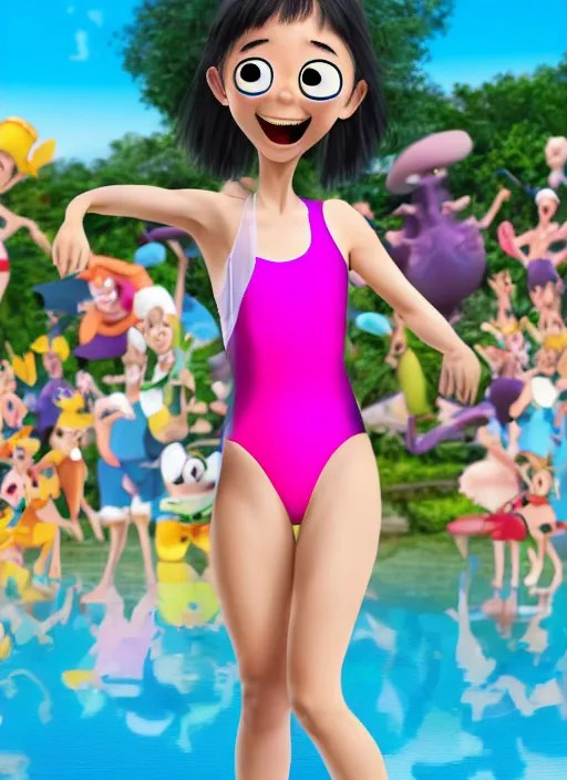 Prompt: a perfect professional digital sketch of a funny and cute Japanese young woman wearing one-piece racing competitive swimsuit leotard, in style of Disney Pixar, CalArts