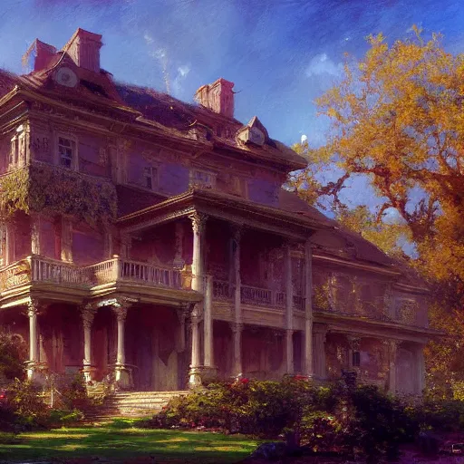 Image similar to detailed cinematic wide shot of mansion, ultra realistic, spring light, painting by gaston bussiere, craig mullins, j. c. leyendecker