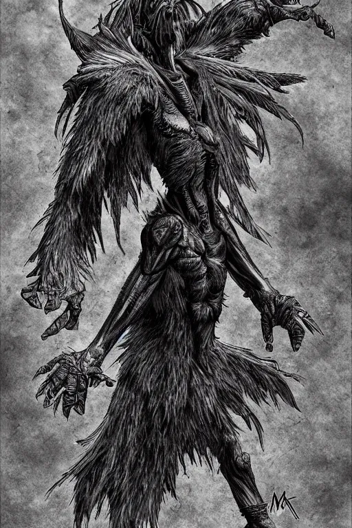 Prompt: raven monster, human figure, highly detailed, digital art, sharp focus, trending on art station, kentaro miura manga art style