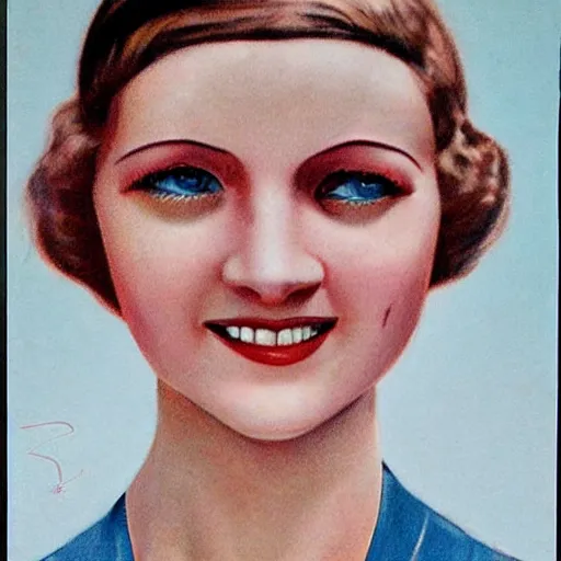 Prompt: a 1 9 2 0 s ultra - realistic color portrait. happy, healthy, beautiful, smiling, young, sporty, blonde, blue - eyed symmetric woman in decent athletic wear. hyper - realistic detailed drawing