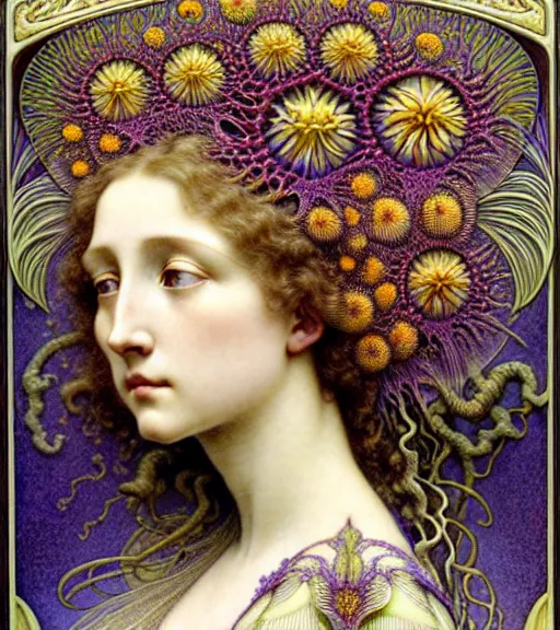 Image similar to beautiful young flower queen detailed realistic porcelain face portrait by jean delville, gustave dore, iris van herpen and alphonse mucha, art forms of nature by ernst haeckel, art nouveau, symbolist, visionary, gothic, neo - gothic, pre - raphaelite, fractal lace, intricate alien botanicals, surreality, hyperdetailed ultrasharp octane render