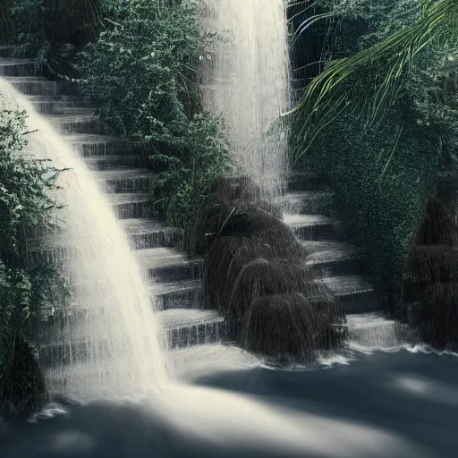 Image similar to a stairway of flowing water, hyperrealistic, 8 k, octane render, unreal engine, highly detailed, a real photographic, digital art, 8 k, realistic, ocatne render