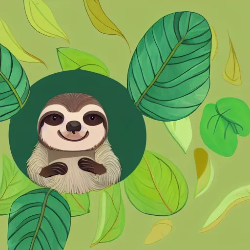 Prompt: a cute baby sloth in a happy leafy environment, incredible digital painting in an artistic style, trending on artstation