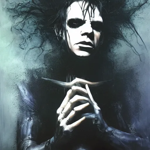 Image similar to gaunt ( the cure fan ) as dream from sandman, dim stars as eyes, by jeremy mann, by cedric peyravernay, by ben templesmith, by dave mckean and richard avedon, dramatic lightning, sadness, dark eye sockets, in the shadows, punk rock, gothic, high detailed, 8 k