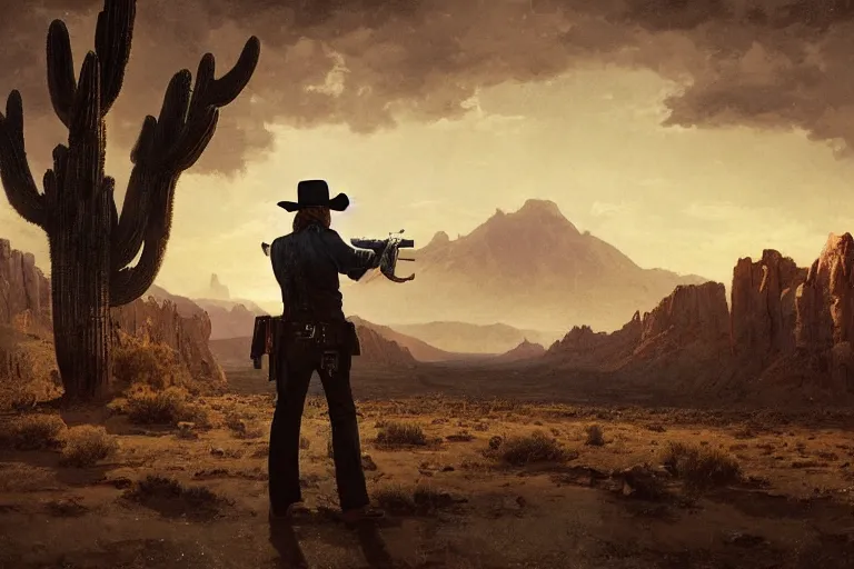 Prompt: an ultradetailed image of jense ackles as an old west gunfighter shooting at a charging wendigo, horrifying supernatural monsters, ultrawide lens, aerial photography, desert landscape with snowy mountains in the far background, masterpiece, 8 k, art by greg rutkowski and albert bierstadt