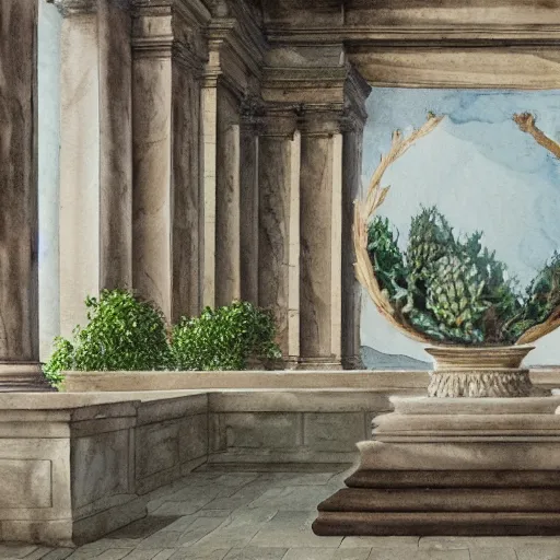 Prompt: delicate marble garden, watercolors on paper, stony, puffy, botanical herbarium, botanic, iridescent, 8 k wide angle, realistic shaded, fine details, artstation, italian, colonnade, oak tree, pinecone, pomegranade, hydrangea, vines, gardena architecture, pompeii