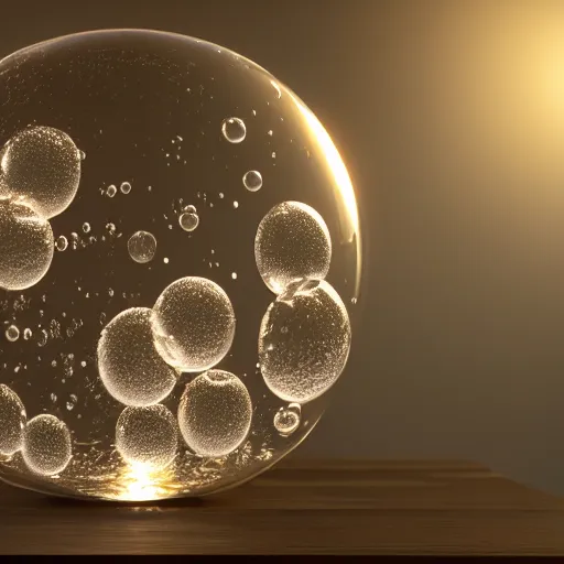 Image similar to realistic arcane magical sphere filled with bubbles on top of a wooden table, a raytraced image by filip hodas, mike winkelmann, daniel mijtens, octane render, trending on cgsociety, photorealism, vray tracing, rendered in unreal engine, ray tracing