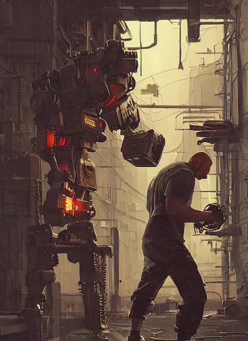 Prompt: Tough Gregory. Buff cyberpunk meathead fighting a small robot. Realistic Proportions. Epic painting by James Gurney and Laurie Greasley. Moody Industrial setting. ArtstationHQ. Creative character design for cyberpunk 2077.