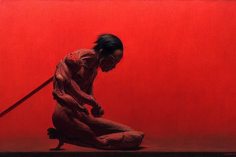 Image similar to only with red, a red samurai do seppuku, tokio, a lot of frogs watch, in the style of beksinski, parts by edward hopper, parts by rodcenko, parts by yue minjun, intricate and epic composition, red by caravaggio, insanely quality, highly detailed, masterpiece, red light, artstation, 4 k