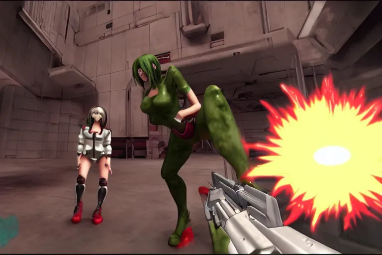 Image similar to an anime girl in a screenshot of the video game doom, the anime girl is crouching