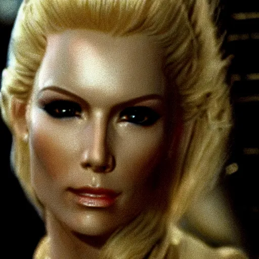 Image similar to very pretty blond borg queen, moody lighting, shallow depth of field, in the style of star trek,