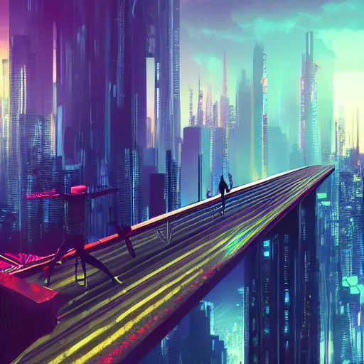 Image similar to a man standing on top of a bridge over a city, cyberpunk art by Vincent Lefevre, behance contest winner, altermodern, cityscape, synthwave, matte painting