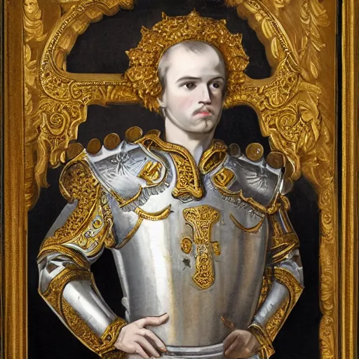 Prompt: man in white and decorated with gold baroque style armor with kingdom of jerusalem emblem on his chest