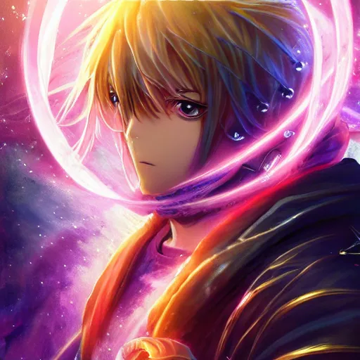 Prompt: anime fantasy portrait artwork of a hooded intricate cybernetic sorcerer warrior character with high quality glistening beautiful colors, rich moody atmosphere, reflections, specular highlights, omnipotent, glowing skin, realistic detailed background, brandishing iridescent cosmic sword, colourful 3 d crystals and gems, portrait by makoto shinkai and greg rutkowski