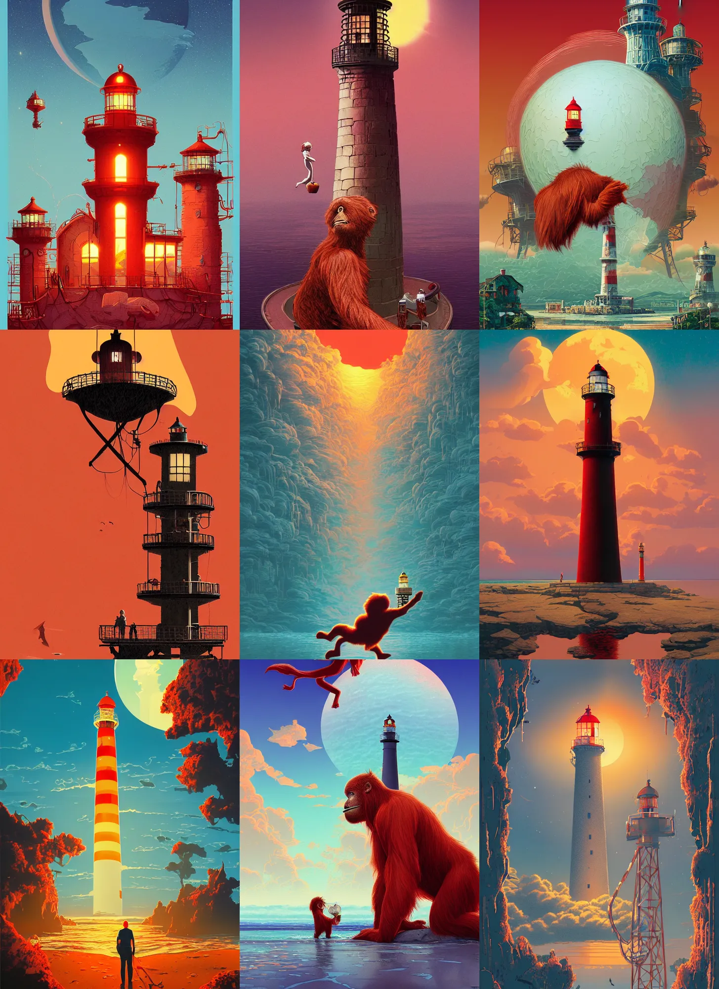 Prompt: travel poster artwork by michael whelan and tomer hanuka, rendering of red orangutan eating lighthouse as apple, high contrast, full of details, by makoto shinkai and thomas kinkade, matte painting, trending on artstation and unreal engine