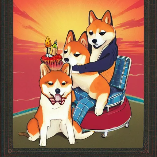 Prompt: expensive birthday card with happy shiba inu dogs eating birthday cake, Nintendo game art, Hayao Miyazaki, intricate detail, illustration, beautiful lighting,