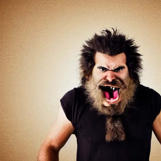 Prompt: A small angry hairy man with wild hair and huge claws. He might be Canadian