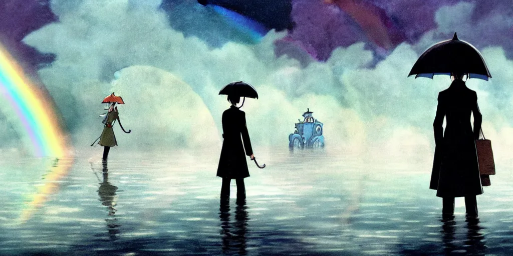 Prompt: a realistic and atmospheric cell - shaded concept art from howl's moving castle ( 2 0 0 4 ) of a rainbow colored ufo landing on the ground. a man with an umbrella is standing in a flooded parking lot. it is a misty starry night. very dull muted colors, hd, 4 k, hq