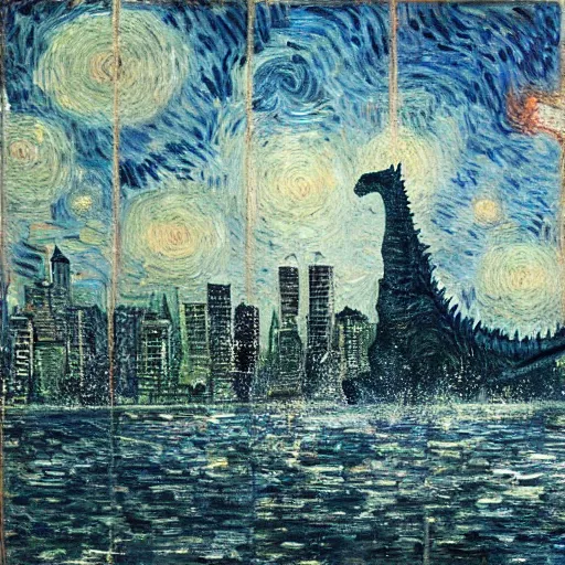 Image similar to godzilla in new york, epic, establishing shot, highly detailed, oil painting by van gogh