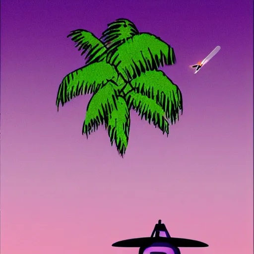 Image similar to ufo and aliens abducting cows from the distance in far pastures during summer night with palm trees. by patrick nagel, minimalist lighting, 1 0 0 0 mm. purple and green gammas.