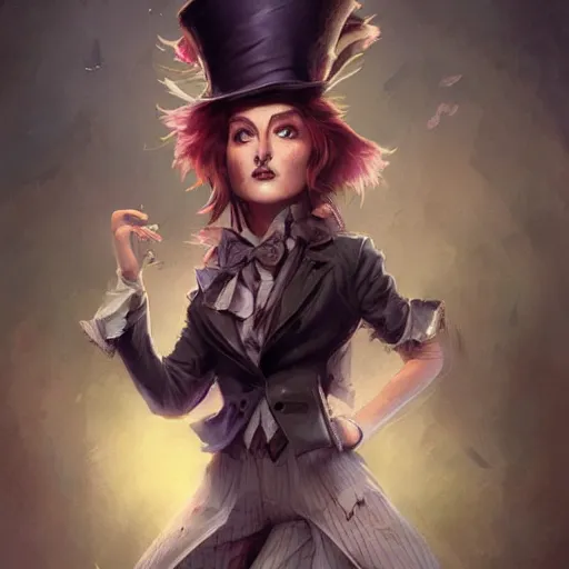 Image similar to realistic, full body portrait, alt female, mad hatter, style of by Jordan Grimmer and greg rutkowski, crisp lines and color,