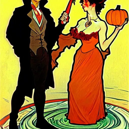 Image similar to painting of handsome young beautiful jeff and gorgeous rina together at the jack o'lantern halloween party, elegant, clear, painting, stylized, art, art by alphonse mucha, vincent van gogh, egon schiele,