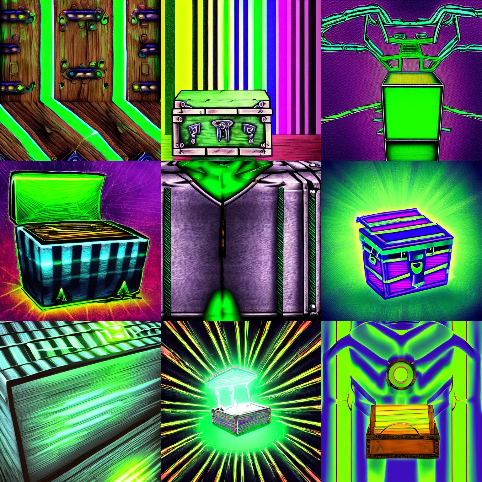 Prompt: mystical chest with electric green stripes, digital art, 4 k, art station, dramatic