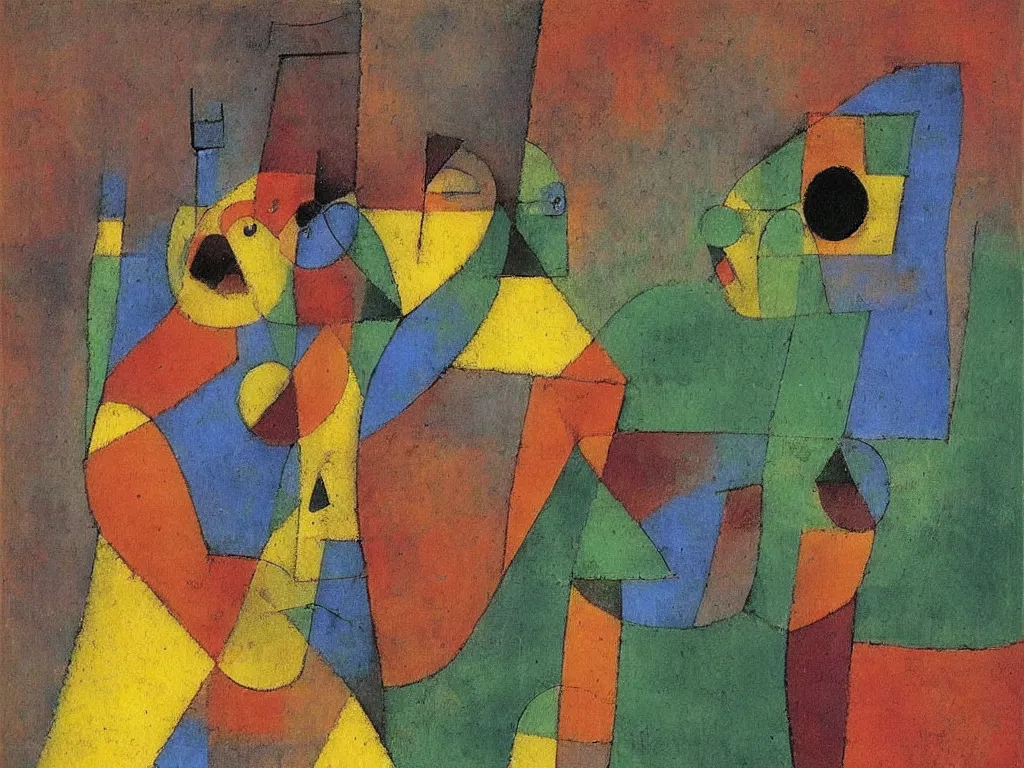 Image similar to portrait of a joyful hunter. painting by paul klee