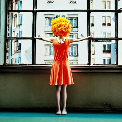 Image similar to giant flower head, girl standing by 1 9 6 0 window, surreal photography, symmetry, mid century, flat light, bright colours, blue sky, realistic, wes anderson