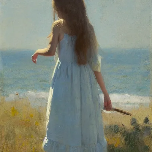 Image similar to girl in summer dress, brushing her long hair, jeremy lipking, joseph todorovitch