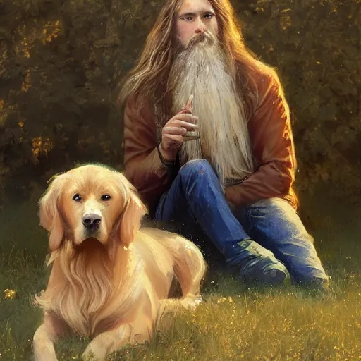 Image similar to oil painting of a young man with long hair blond and a beard hippie style painting on a golden retriever, people watching around, by greg rutkowski, artstation