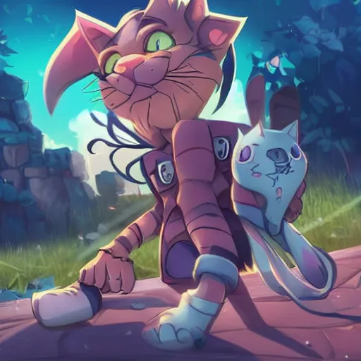 Image similar to yordles hanging out with a cat, TFT