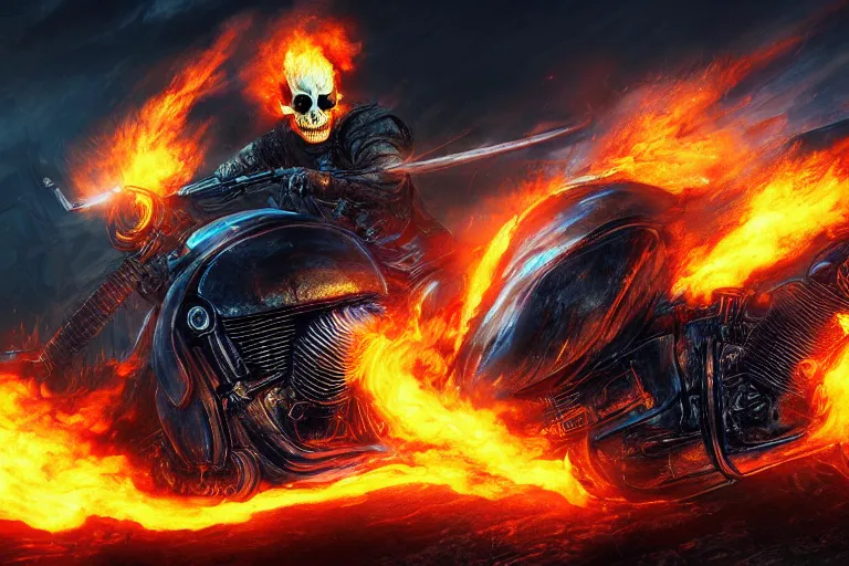 Image similar to Ghost Rider, blue flames, headshot photo, dark souls concept art, dramatic lighting, highly stylized, high-quality wallpaper, desktopography