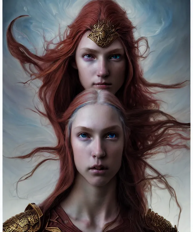 Image similar to hyperrealistic mixed media painting of a beautiful young female battlemage, stunning 3d render inspired art by P. Craig Russell and Barry Windsor-Smith + perfect facial symmetry + dim volumetric lighting, long flowing white hair, pale skin, ornate crimson gothic armor, dizzy, full body, confident heroic pose, 8k octane beautifully detailed render, post-processing, extremely hyperdetailed, intricate, epic composition, grim yet sparkling atmosphere, cinematic lighting + masterpiece, trending on artstation, very very detailed, masterpiece, stunning