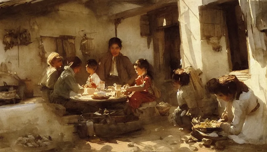 Prompt: simple villager family about to eat a meal together in their beautiful simple cottage home, art by anders zorn, wonderful masterpiece by greg rutkowski, beautiful cinematic light, american romanticism thomas lawrence, greg rutkowski